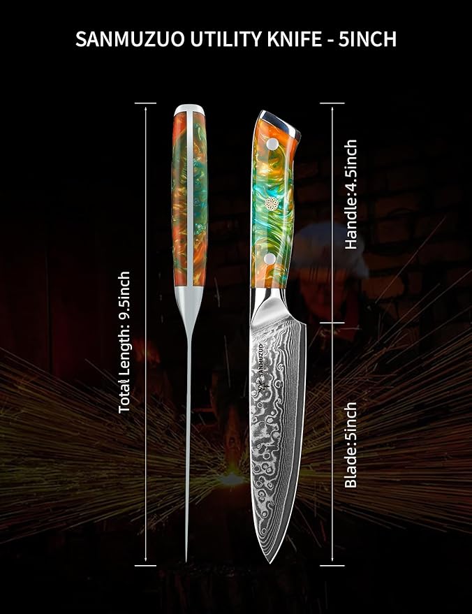 SANMUZUO 5 Inch Kitchen Utility Knife - Xuan Series Kitchen Knives - VG10 Damascus Steel with Resin Handle (Fantasy Orange)