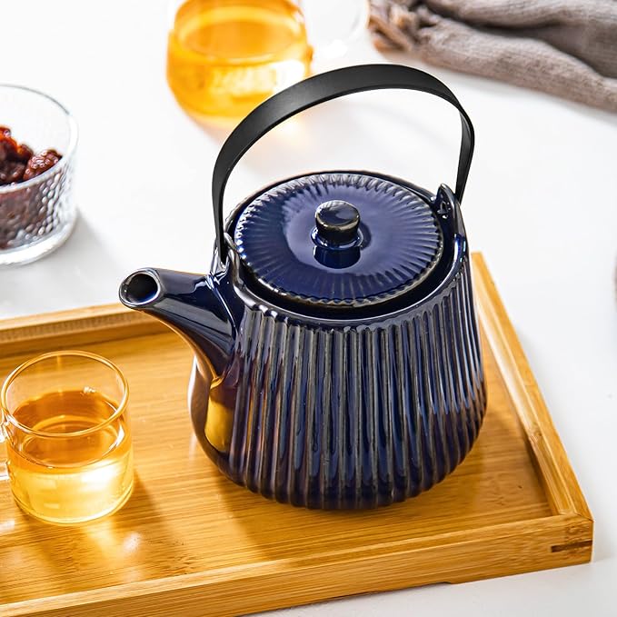 Yundu Ceramic Teapots for Tea, 1000ml/33.8oz Tea Pot with Infusers for Loose Tea, Striped Tea Pot with Removable Tea Infuser - Reactive Blue