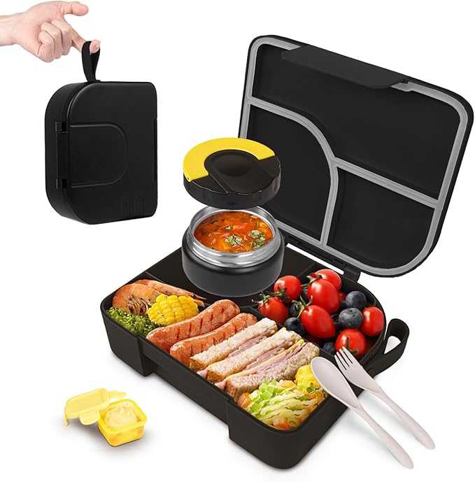 Lunch Box with Thermo Jar, Large-Capacity 3-Compartment Bento Box, Black