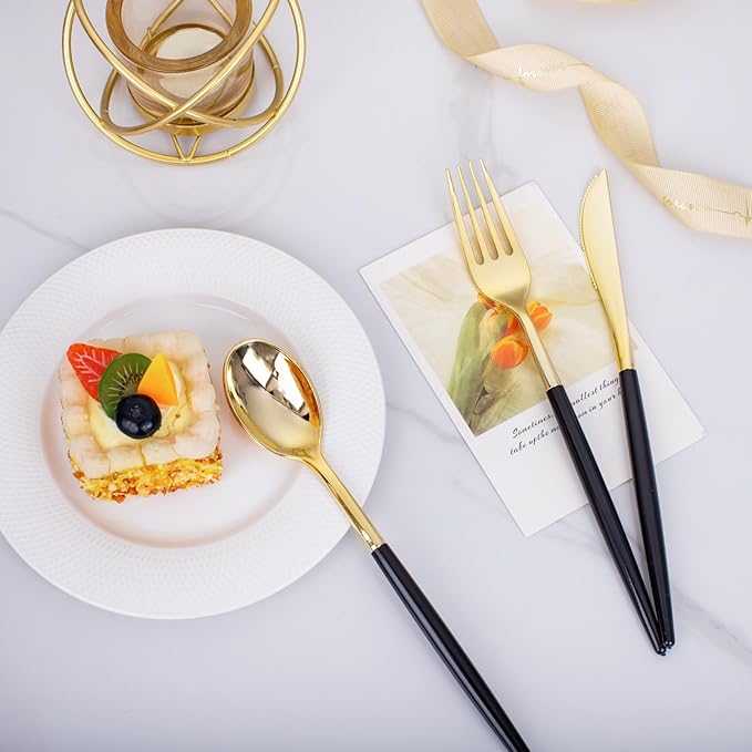 I00000 60 Pcs Black Plastic Cutlery Set, Gold Utensils with Black Handle