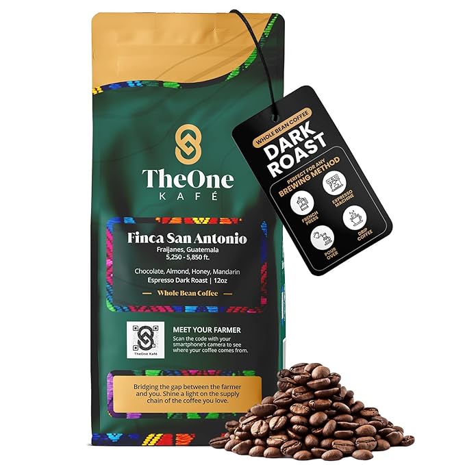 TheOne Kafé Guatemala Dark Roast Whole Bean Coffee – Organic, Single Origin, Premium Specialty Coffee, Ethically Sourced, Smooth & Rich Flavor – Fresh Roasted for Espresso, Drip, Pour Over – 12 oz