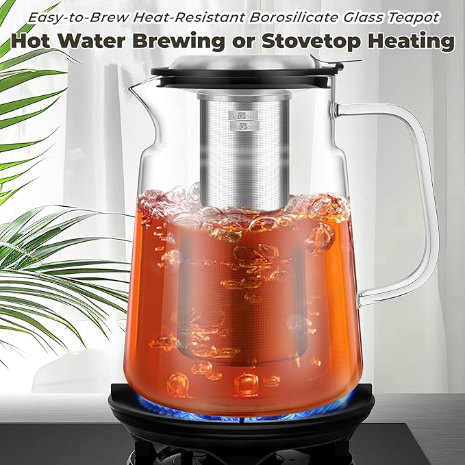 Aquach 74oz Glass Tea Pot with Infuser, Stovetop Safe Borosilicate Teapot