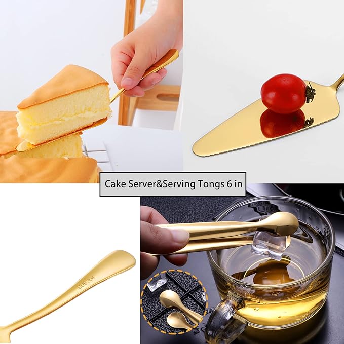 IAXSEE 11 PCS Serving Utensils, Large Stainless Steel Spoons Forks Tongs, Pie Server, Great for Hostess Buffet Catering Banquet Party, Gold