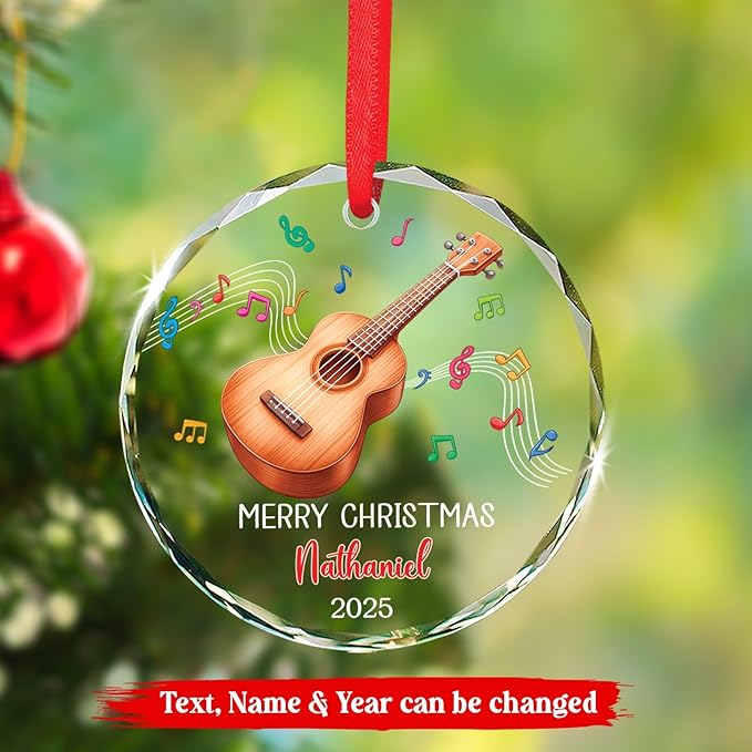 Ukulele Musical Instrument Glass Ornament Xmas 2026, Personalized Instrument Christmas Ornament Gift for Ukulele Player, Ukulelist Keepsake Christmas Tree, Custom Text & Name Musician Glass Ornaments