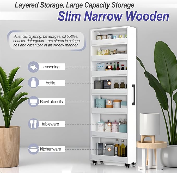 MINGRUIYU 7-Tier Slim Storage Cart, Wooden Rolling Pantry Cabinet with Wheels, Narrow Shelf Organizer for Kitchen, Bakers Rack, Dining Room, Closet, Small Spaces Light Walnut 47.2" H*7.8" W*23.6" D