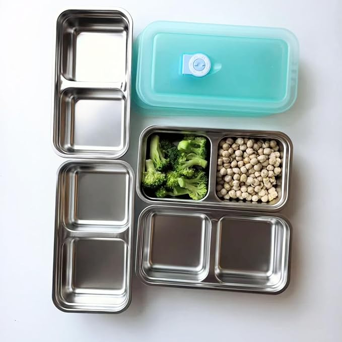 herrydale Stainless Steel Lunch Box for Kids – 2 Compartment Leakproof Snack Container with Lids, Reusable Bento Food Storage for School, Travel & Meal Prep (4-Pack)