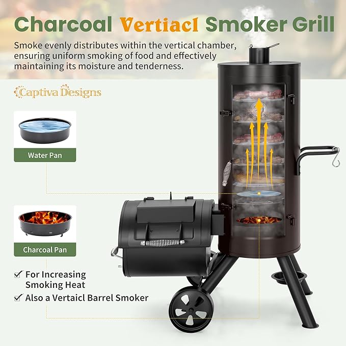 Captiva Designs Vertical Charcoal Smoker Grill Extra Large Barbecue Grill