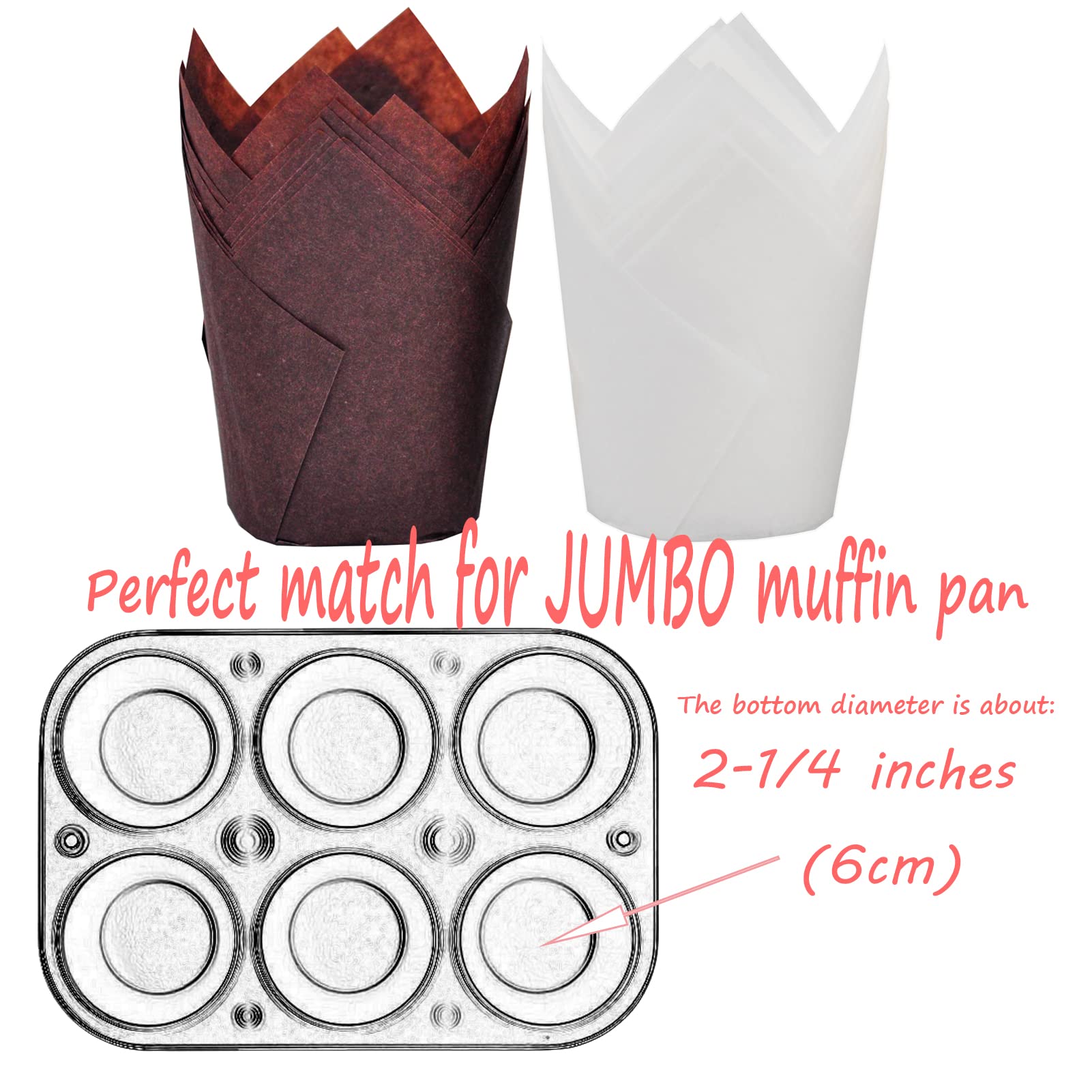 MyBakning Large size White+Brown Tulip Baking Cups 2-1/4"(Base diameter) x 4"(Wall height) Greaseproof paper baking cupcake Muffin liners, Case of 130 pcs
