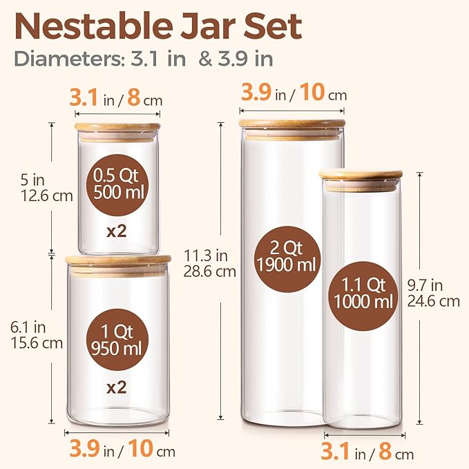 ComSaf Glass Storage Jars 6 Pack, Pasta Containers, Pantry Organization