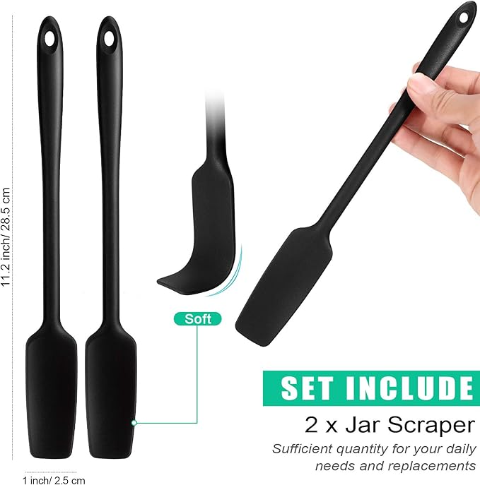 Long Handle Silicone Jar Spatula Kitchen Scraper Spatula Non-Stick Rubber Silicone Scraper for Jars, Smoothies, Blenders Cooking Baking Stirring Mixing(Black,2 Pieces)