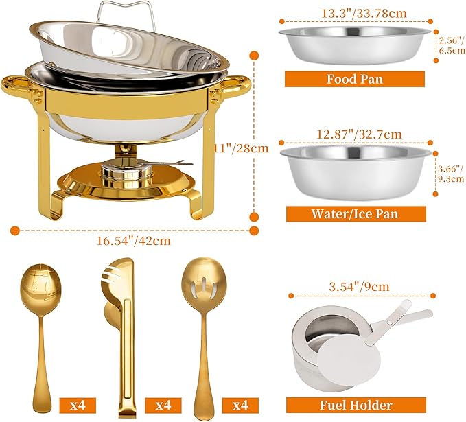 EffiQ-Rate 5QT Round Chafing Dishes for Buffet, Gold, 4 Pack