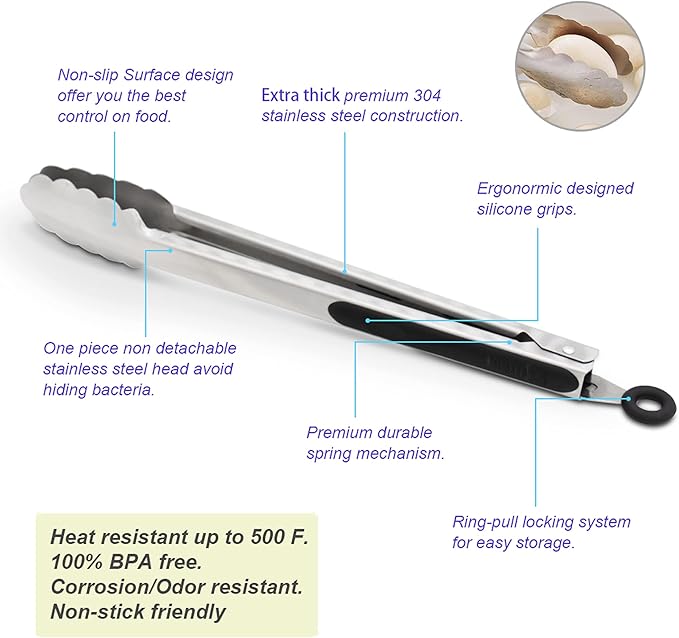 304 Stainless Steel Locking Kitchen Tongs, 9 & 12 Inch, 4-Piece, Black