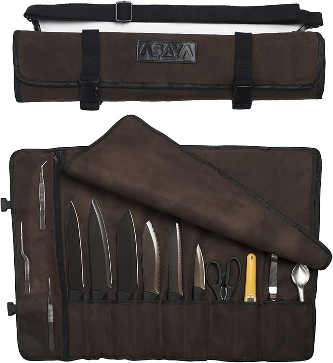 Asaya Waxed Canvas Chef Knife Roll Bag with 10 Slots and a Zipper Pocket - Professional Chef Knife Bag & Storage Case, with Shoulder Strap - Knives Not Included (Brown)