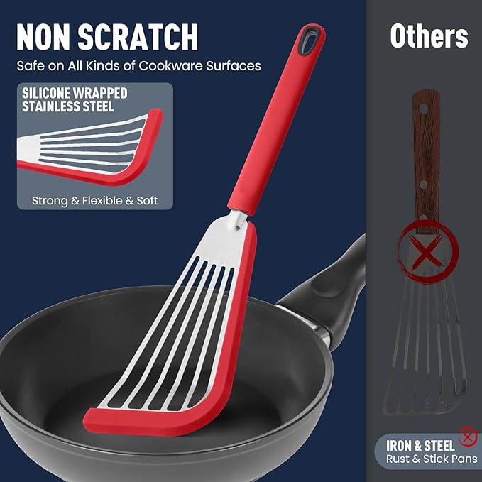 2-Piece Silicone Fish Spatula for Nonstick Cookware,Thin Slotted Turner,Red