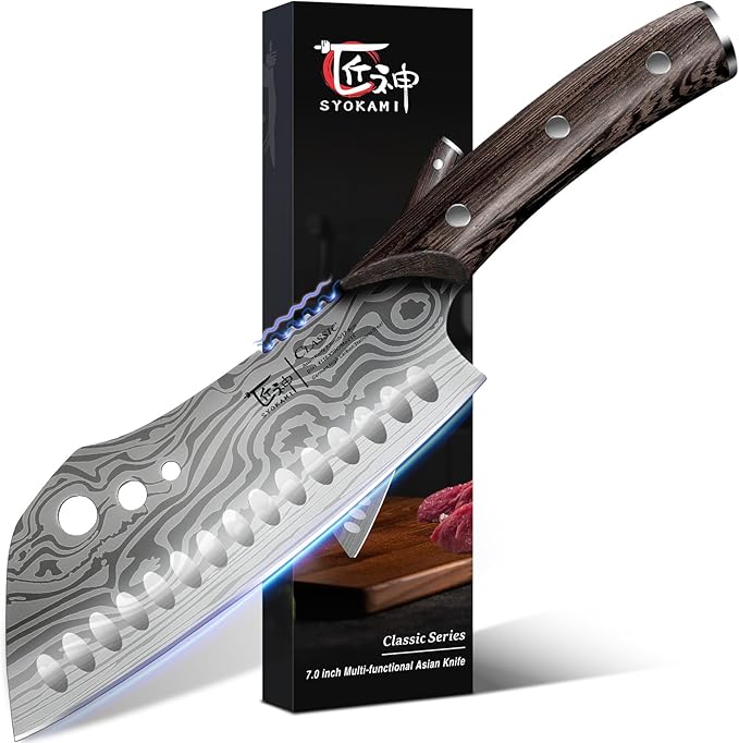 SYOKAMI Cleaver Chef Knife with Herb Stripper, 7" Asian Kitchen Knife
