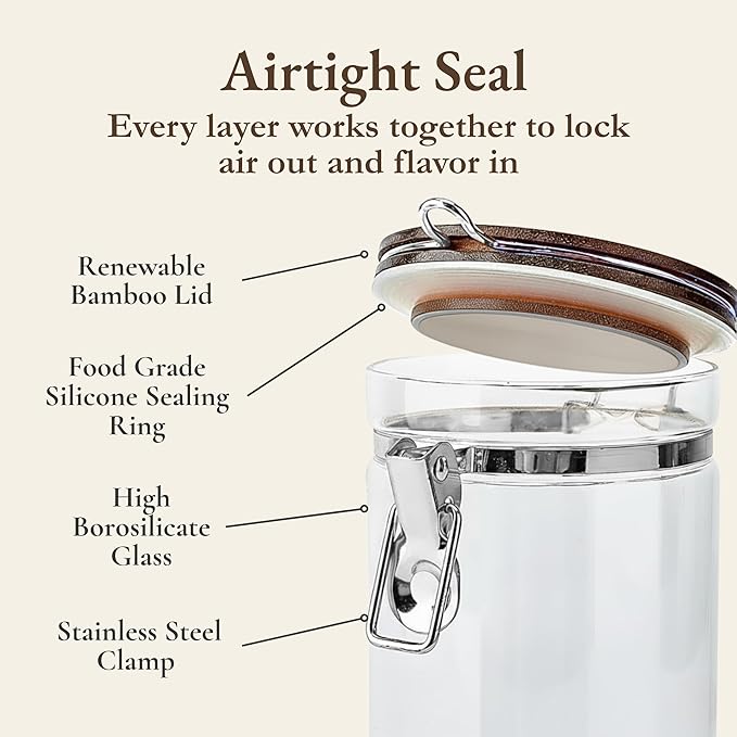 Lirvelle Airtight Coffee Canister with Scoop | Curated Glass Storage Set for Beans, Grounds & Sugar | 9-Piece Ritual Organizer with Bamboo Base, Versatile Artisan Spoon, Labels & Cleaning Brush