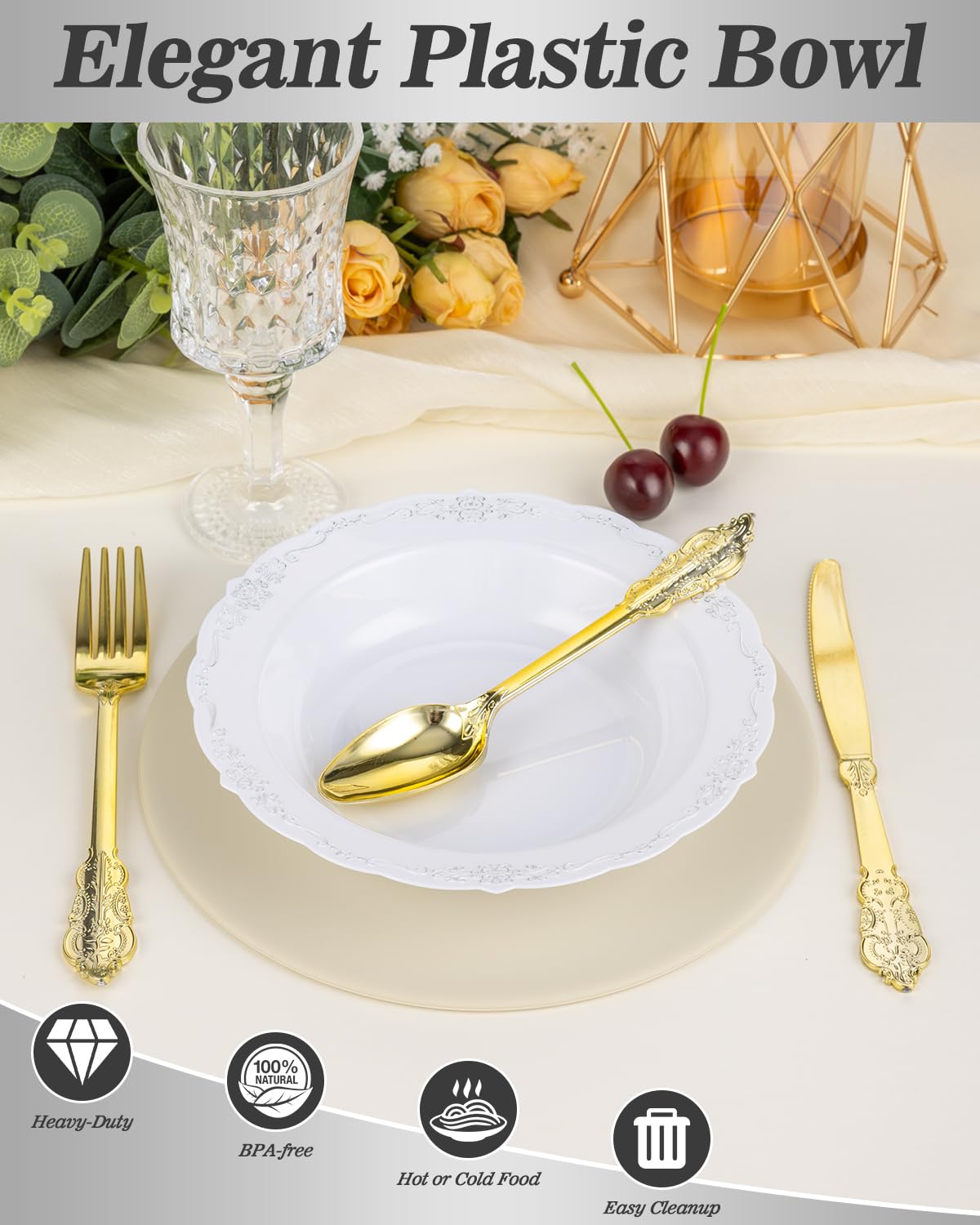 Bestluck 100 Pack White Plastic Bowls with Silver Rim