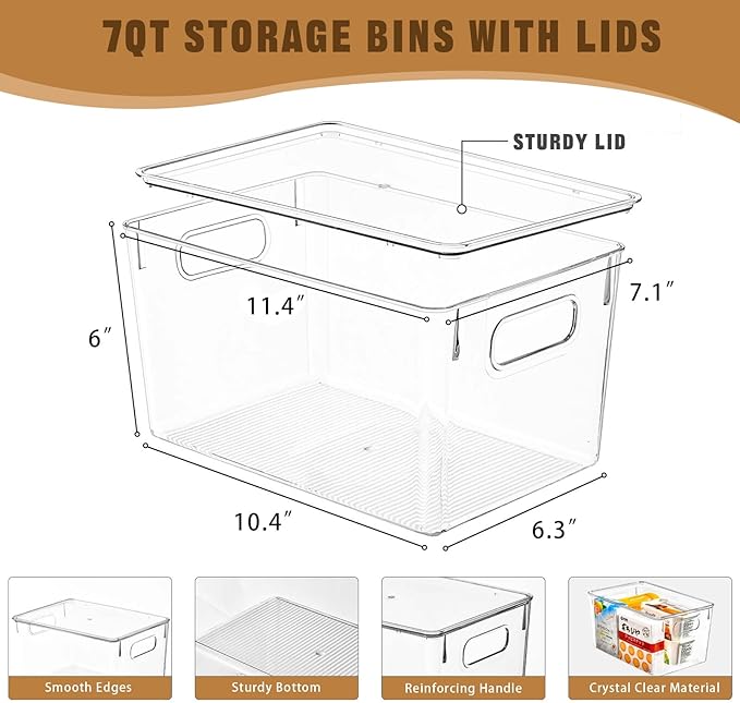 Freebat 12 Pack Clear Storage Bins with Lids, 7 Quart Pantry Organizer Bins