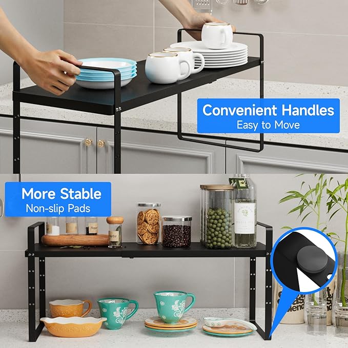 KIKIBRO Expandable Cabinet Shelf Organizer, Stackable Kitchen Pantry Counter Storage, Adjustable Closet Cupboard Stand Rack Risers Spice Organization 80LBS Heavy Duty Black Large 2 Pack