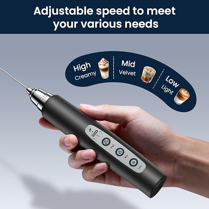 Milk Frother Wand Rechargeable Handheld Electric Whisk 3 Speed Adjustable
