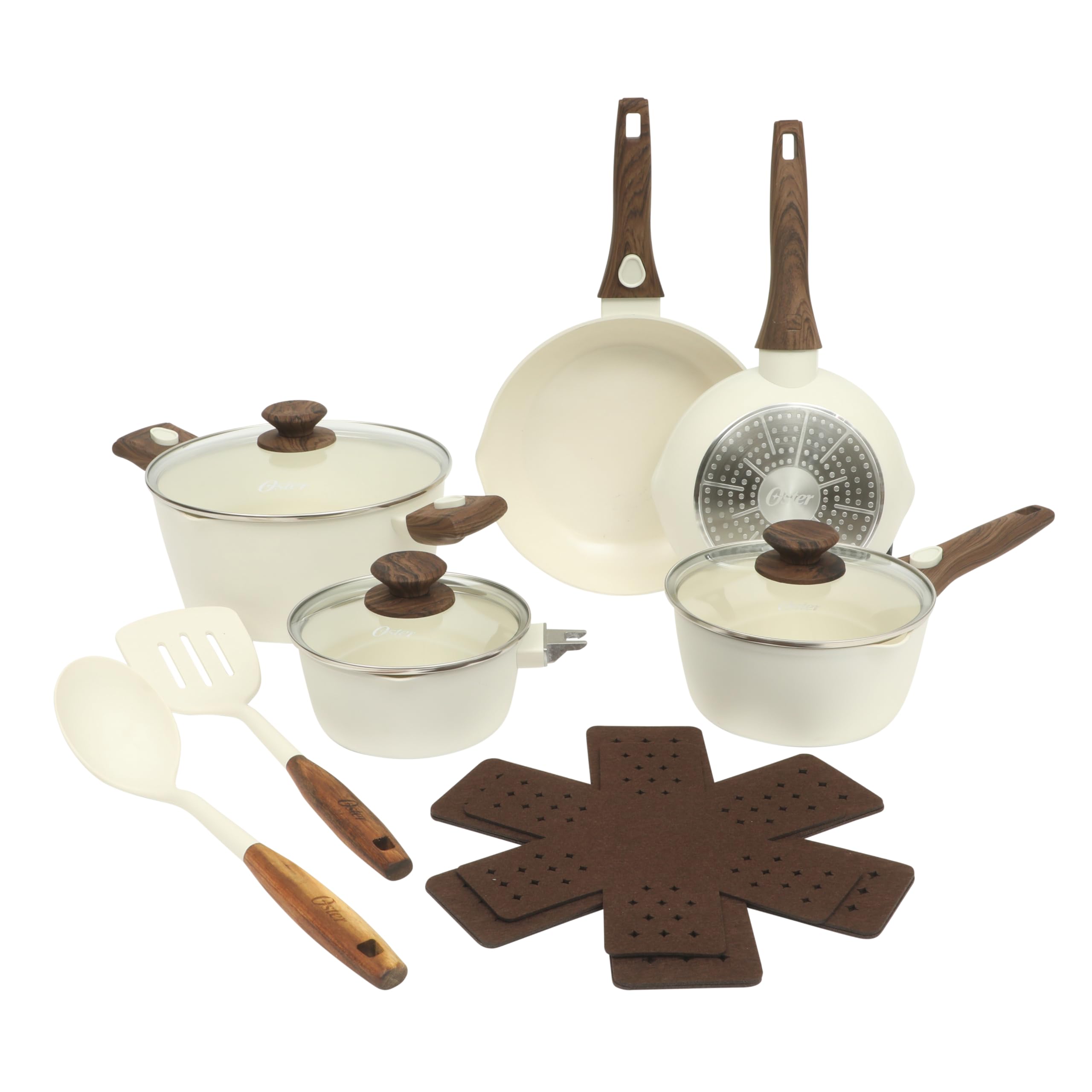 Oster SmartHandle Advance 18-Piece Ceramic Nonstick Cookware Set – Matte Linen Finish, Induction, Detachable Handles, Oven & Dishwasher Safe Pots Pans, w/Utensils & Pan Protectors