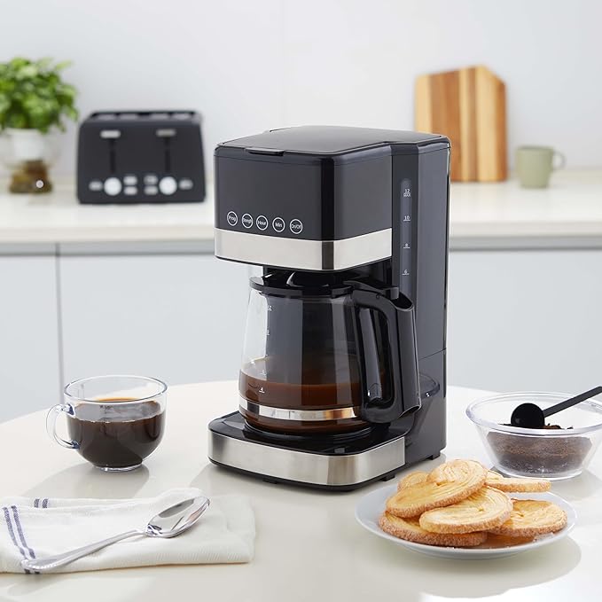 Amazon Basics Programmable 12 Cup Drip Coffee Maker with Glass Coffee Pot (1.9 Qt), Auto Shut-off, Touch Screen, Auto Pause, Removable Filter Basket, Black & Silver