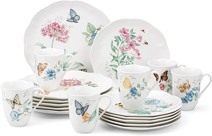 Lenox Butterfly Meadow Porcelain Teapot and Tea Cup Set, 9-Piece, 48oz