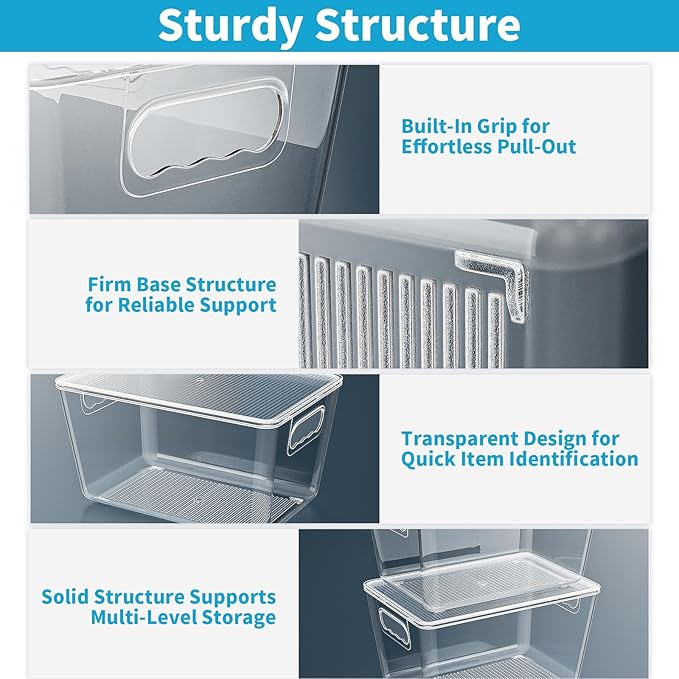 Clear Stackable Fridge Organizer with Lids, 4 Pack Large 11.5×7.5×6 Inch