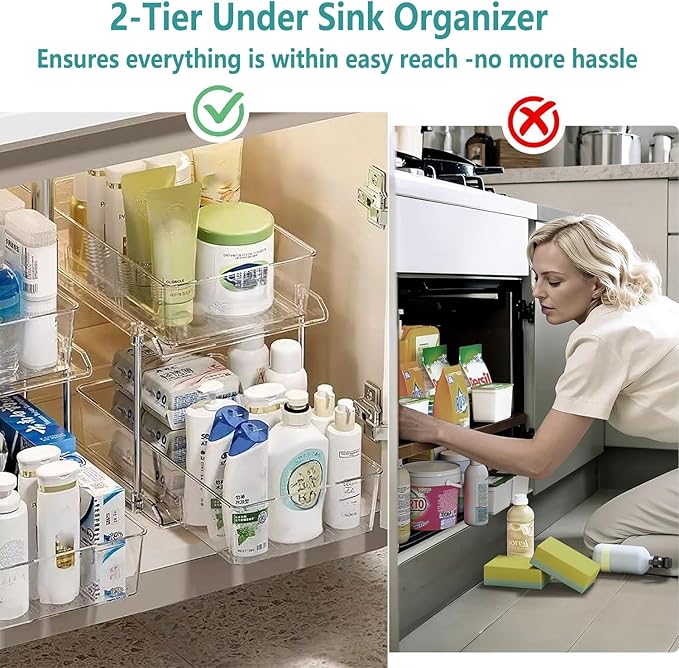 AITOPMART 2 Pack Bathroom Organizer,2 Tier Clear Under Sink Organizers Vanity Countertop Storage Container,Cabinet Drawers Bins, Pull-Out Organization with Track for Pantry, Kitchen