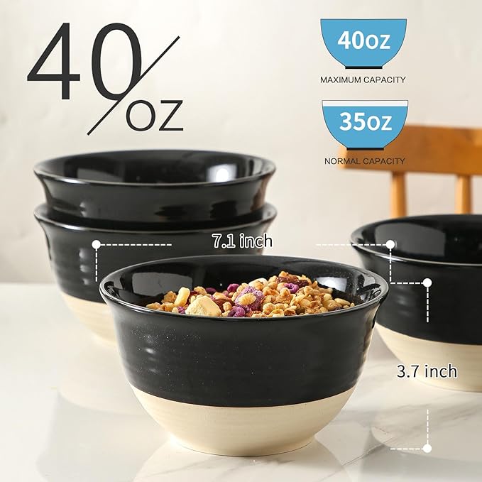 HASENSE Large Ceramic Soup Bowls Set of 4, 40 Oz Gloss Black Beige Stackable Stoneware Bowls, Farmhouse Bowls for Salad, Pasta, Ramen & Pho, Dishwasher & Microwave Safe