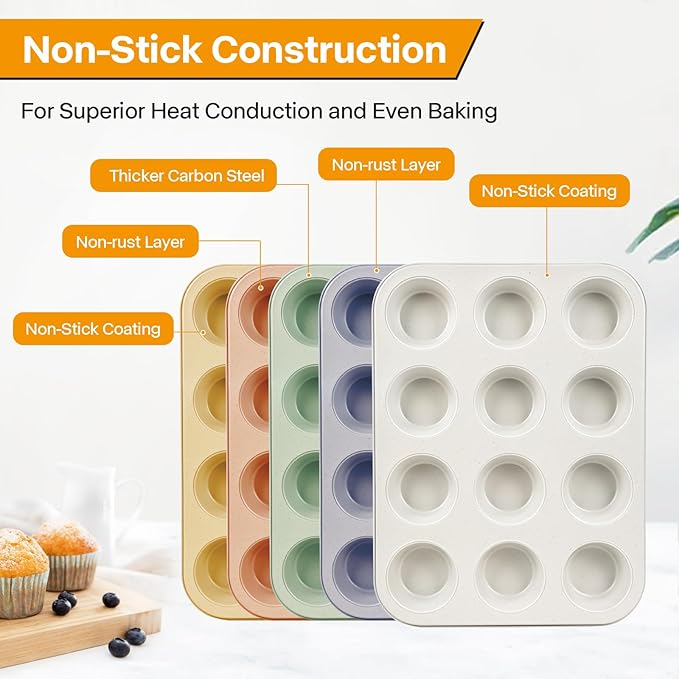Spmarkt 2-Pack Healthy Baking Cupcake Pan| Non Stick 12-Cup Muffin Pan | Durable & Easy Clean Muffin Tin | Perfect for Cupcakes, Muffins (Beige)
