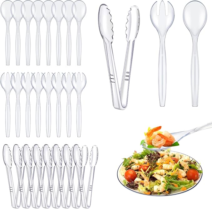 24 Pcs Disposable Clear Plastic Serving Utensils Set, Forks Spoons Tongs