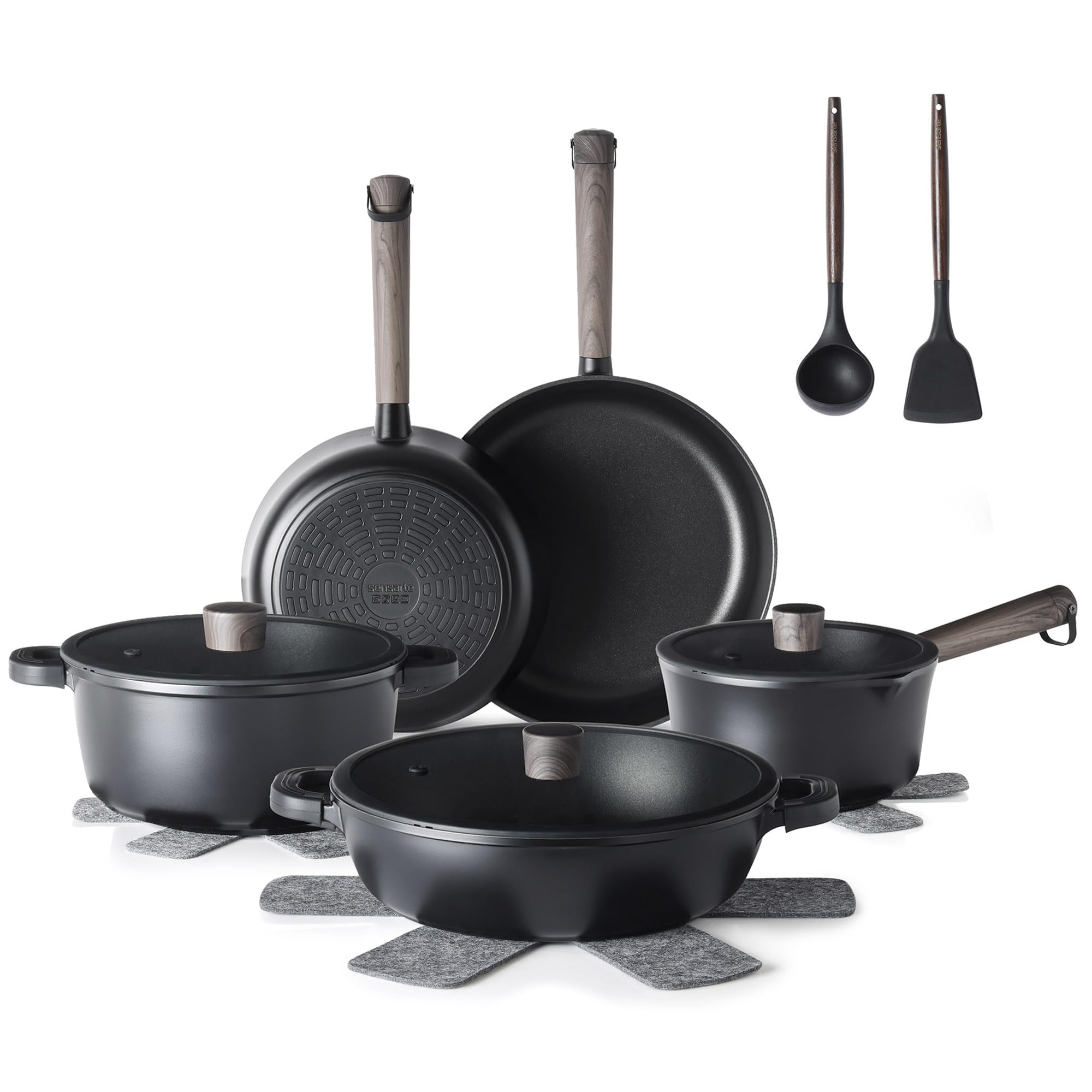 SENSARTE 15Pcs Nonstick Cookware Set Pots and Pans Set Kitchen Cooking Frying Pans with Stay-cool Handle, Dishwasher Safe, Induction Compatible, PFOA/PFOS Free, Black