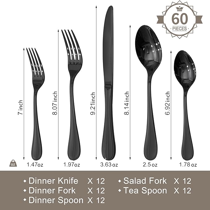 18/10 Stainless Steel Silverware Set for 12, 60 Piece Black Flatware Set