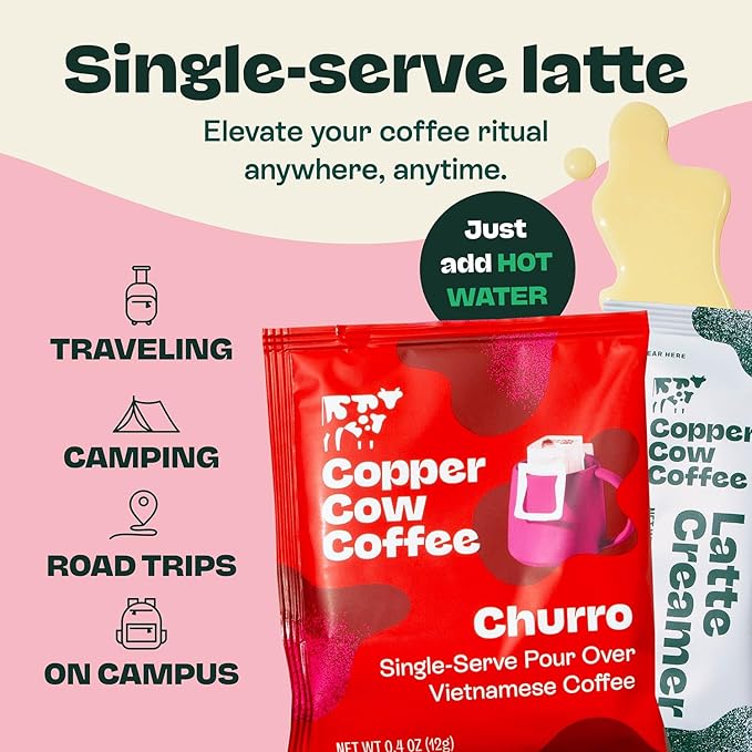 Copper Cow Coffee Vietnamese Churro Pour Over Coffee & Creamer Set, 8 Coffees + 8 Creamers | Dark Roast | Real Cinnamon | No Artificial Flavors | No Refrigeration Needed | As Seen on Shark Tank