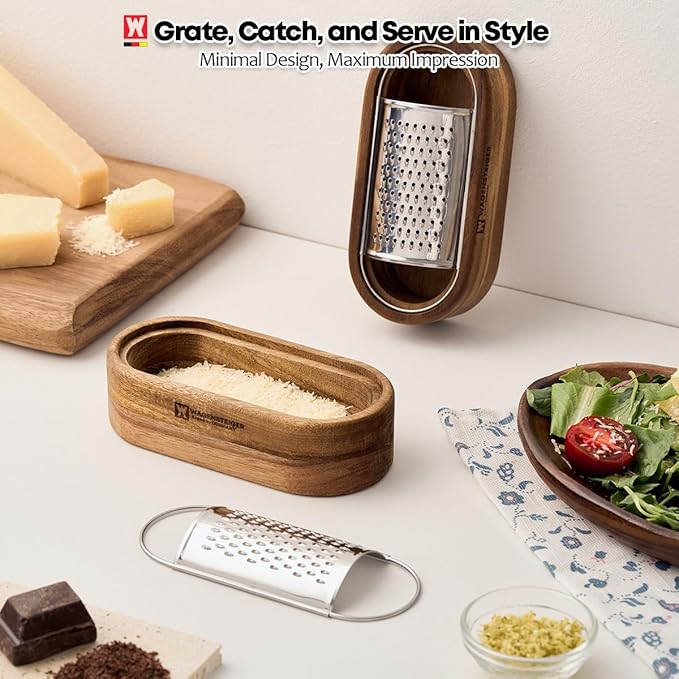 Wagensteiger Removable SUS304 Stainless Steel Cheese Grater with Wooden Container, Wooden Shredder, Citrus Zester, Perfect for Presenting Freshly Grated Cheese or Zest