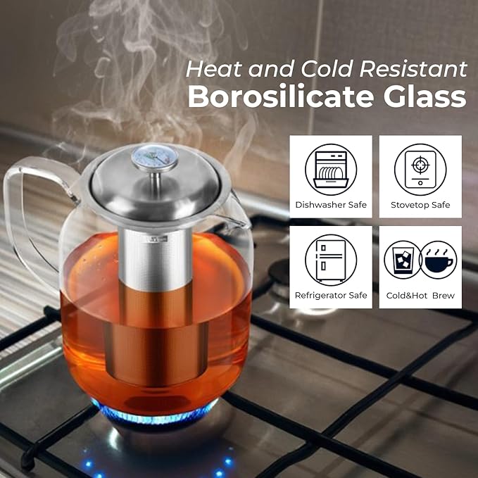 Aquach 68oz Glass Teapot with Thermometer, Stovetop Safe Tea Pot