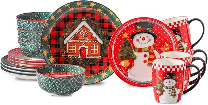 Hasense Dinnerware Set of 4, Ceramic Holiday Plates and Bowls Sets with Mugs, 16 Pieces Chip & Scratch Resistant Serving Dishes for Party Everday Use, Microwave and Dishwasher Safe