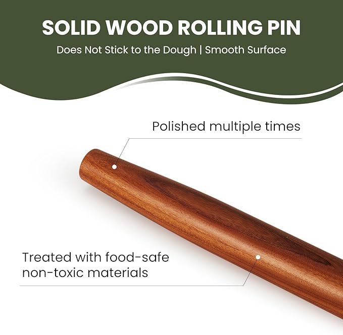 Sinotekk Natural Solid Bubinga Wood French Rolling Pin for Baking | Tapered Edges Type | High-Density Professional Dough Roller (French rolling pin - 15.75‘L)