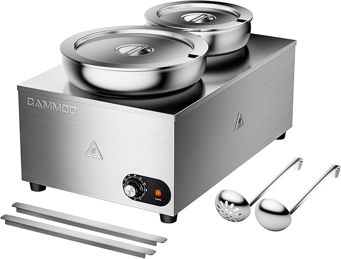 CAMMOO 20qt 2-in-1 Electric Soup Warmer and Steam Table Food Warmer, 1200W Stainless Steel Bain Marie Pot, 86~185°F Adjustable Temp, Commercial Soup Kettle for Catering Restaurant Buffet
