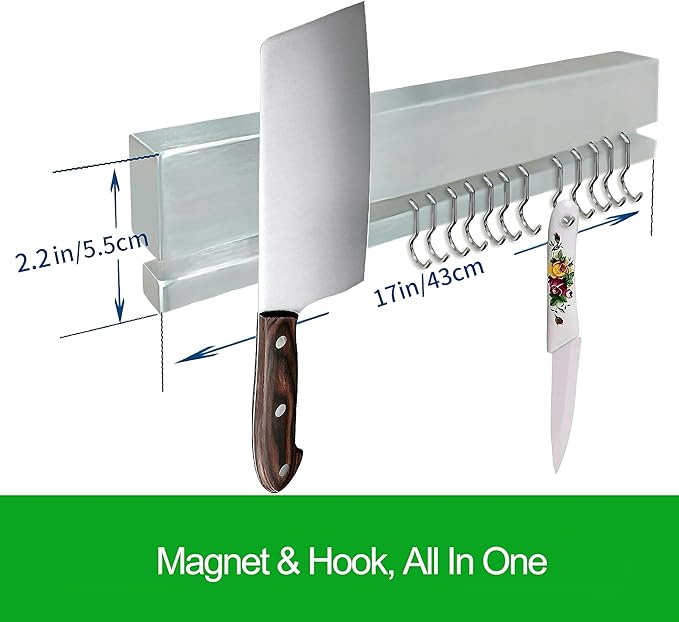 YIIYIIN 17 Inch Magnetic Knife Strip for Wall with 12 Hooks
