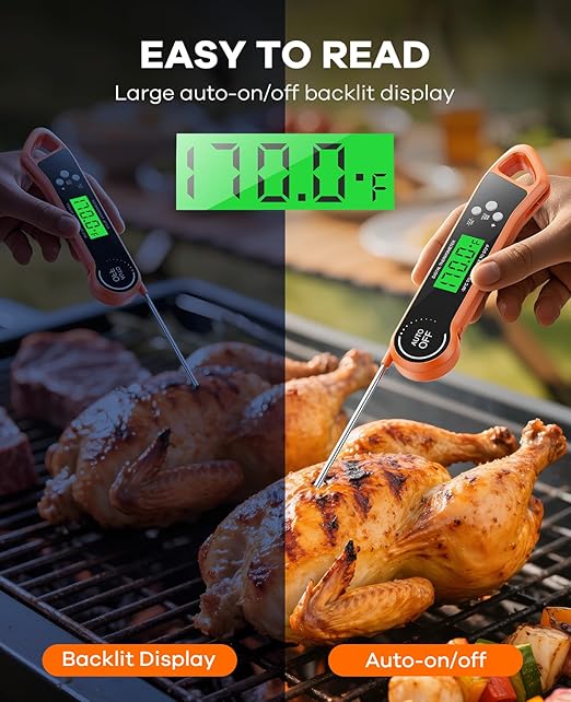 SILVLF Meat Thermometer Digital, Instant Read Thermometer with Backlight, Calibration & Hold Function, Waterproof Food Thermometer for Kitchen and Outside, BBQ,Turkey, Candy, Liquids, Beef (Orange)