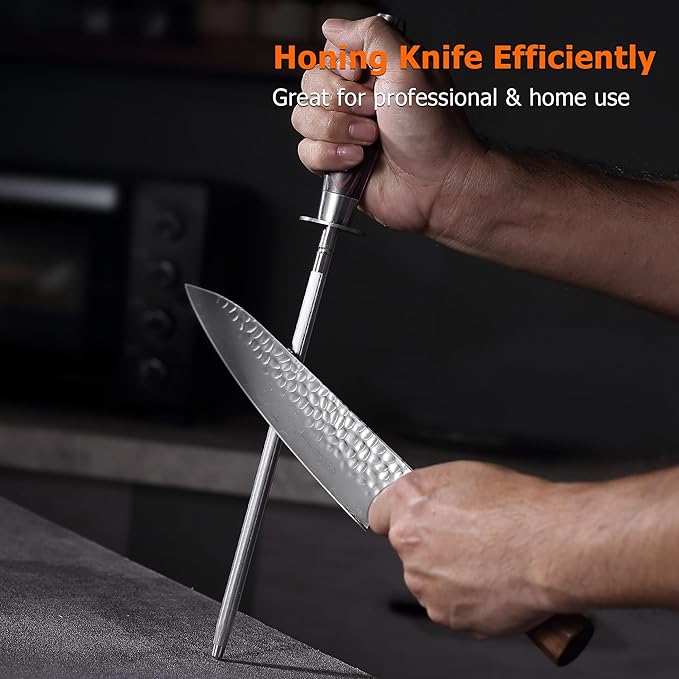 PAUDIN Honing Rod, Knife Sharpener Rod 10 inch, Professional Kitchen Knife Sharpener, High Carbon Knife Sharpening Steel with Ergonomic Pakkawood Handle, Honing Steel for All Chef Knives