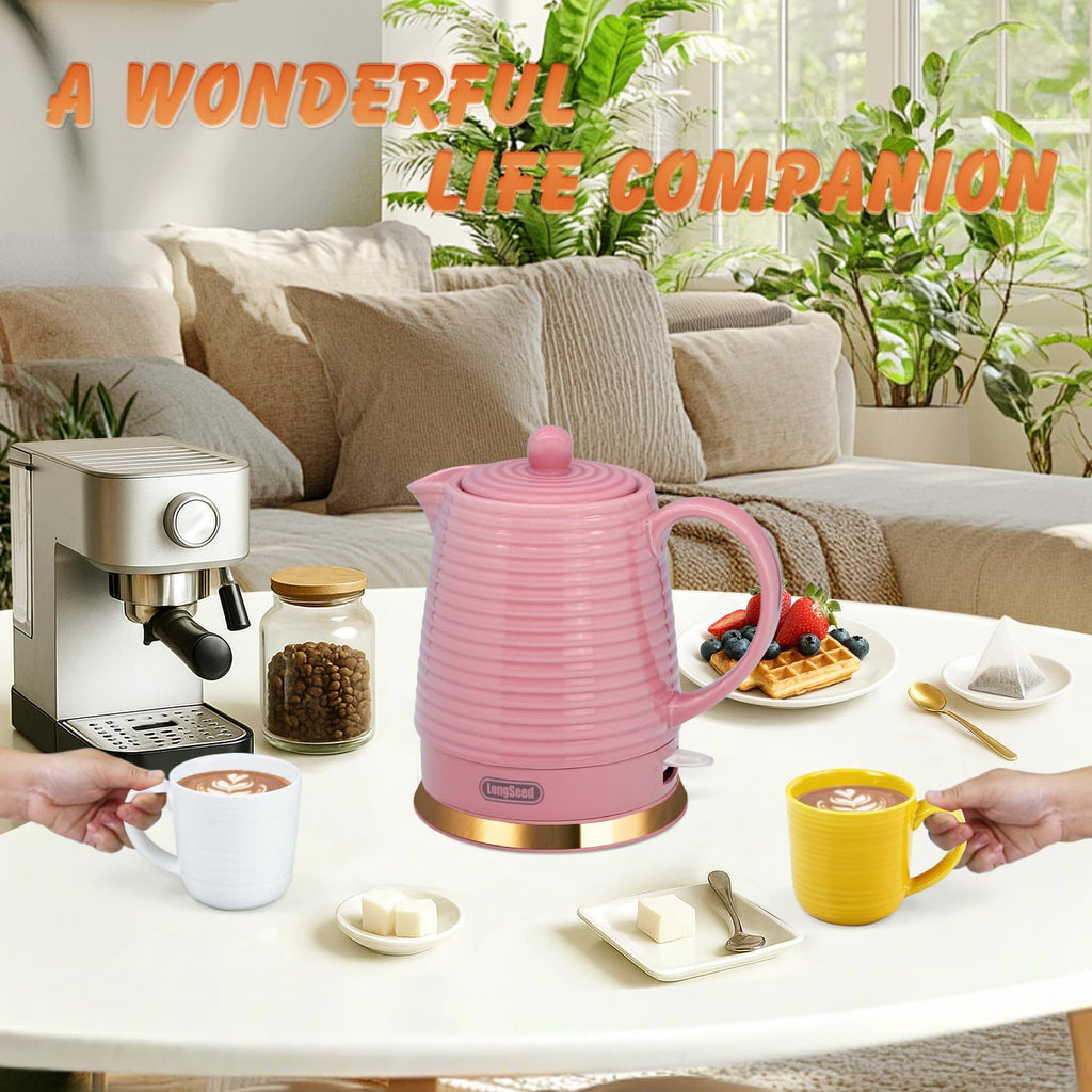 LONGSEED 1.2 Liters Ceramic Electric Kettle with Infuser & Mug Set,1000W Fast Boil Water for Tea Coffee, Teapot with Boil-Dry Protection Auto Shut Off, Detachable Swivel Base