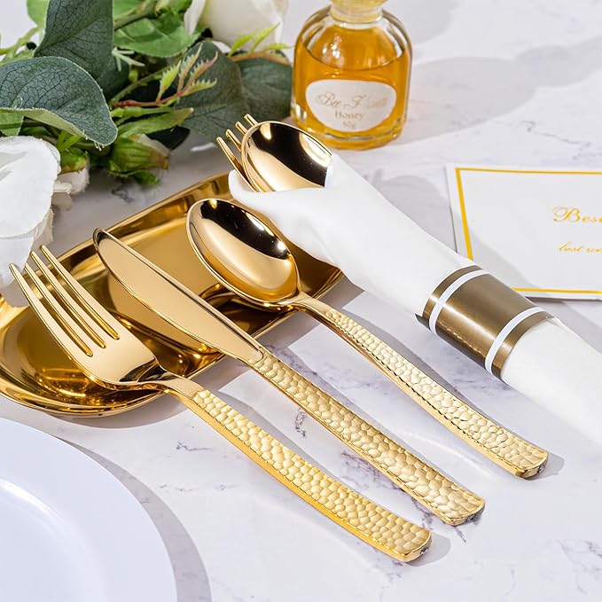 WELLIFE 75 Pack Gold Plastic Cutlery,Pre Rolled Silverware Set Disposable,Gold Disposable Utensils,Includes: 75 Forks, 75 Knives, 75 Spoons, 75 Napkins, Plastic Silverware