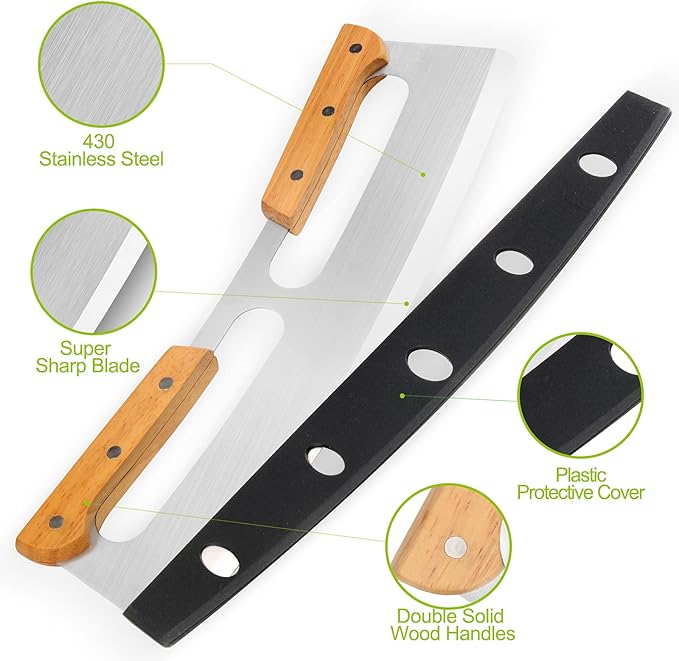 Pizza Cutter Rocker with Wooden Handles & Protective Cover by ZOCY, 14" Sharp Stainless Steel Pizza Slicer Wheel, Big Pizza Knife Cutters for Kitchen Tool (14inch)