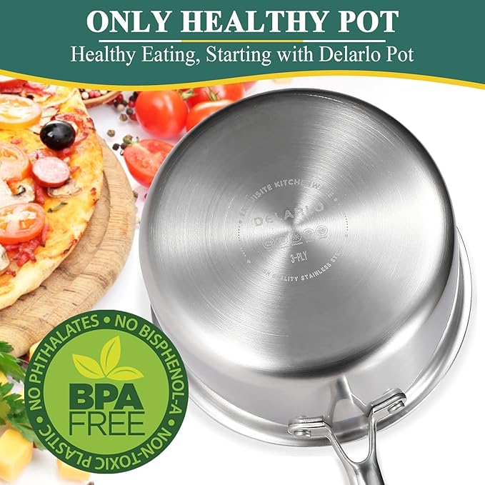 DELARLO Tri-Ply Stainless Steel Saucepan 1QT 2QT Kitchen Pot Set