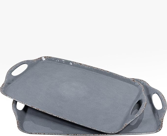 ZAROCRUS Extra Large Serving Tray with Handles, 19 x12 inch, Set of 2, Melamine Platters for Serving Food, Turkey, Cookie, Farmhouse Rectangular Brekfast Tray, Dishwasher Safe, Gray