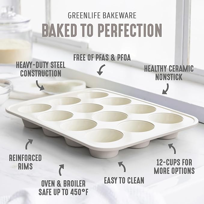 GreenLife 12 Cup Ceramic Nonstick Muffin Pan, Taupe