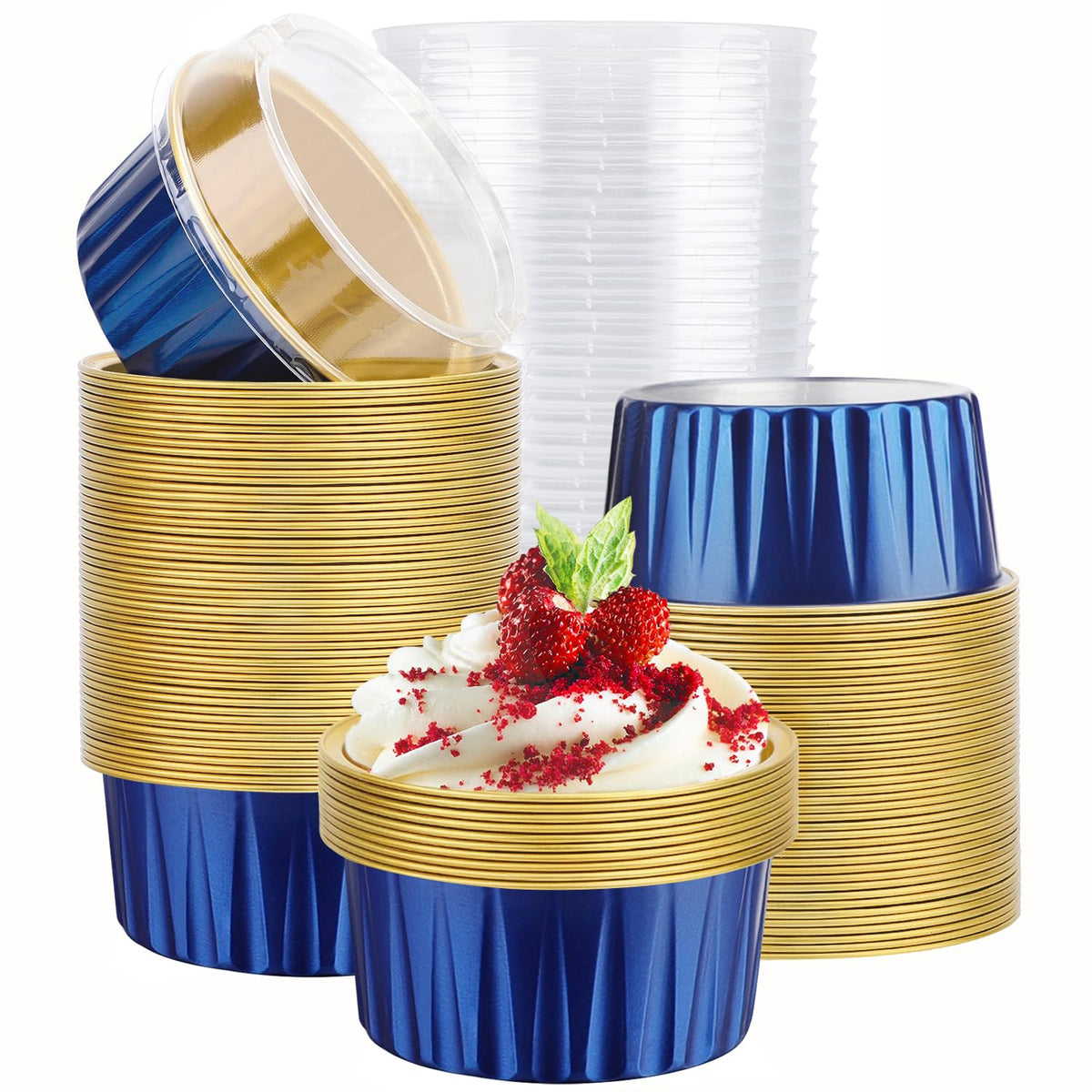 EUSOAR Cupcake Liners for Baking, 50pcs 5oz Muffin Liners, Disposable Foil Ramekins, Dessert Containers, Aluminum Foil Baking Cupcake Cups Holders Pans with Lids 5 Colors Mixed